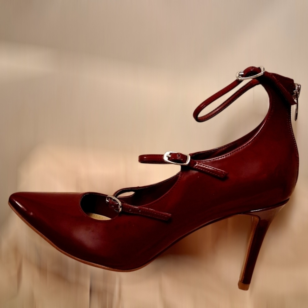 MARC FISHER Burgundy Patent Leather Strappy Pointed Toe Heels Ankle Strap Size 8 - Picture 4 of 13